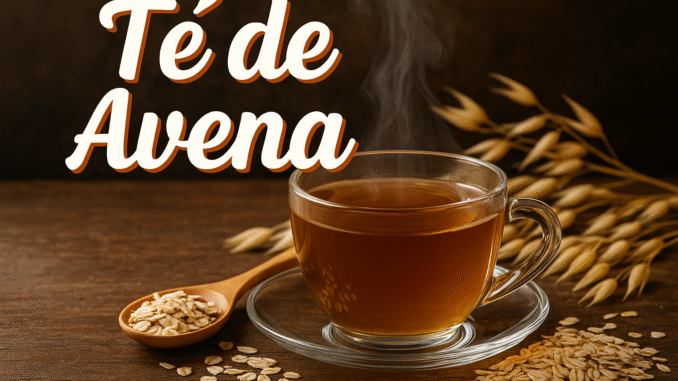 Taza de té de avena humeante sobre mesa de madera, con copos y espigas al fondo y texto “Té de Avena”
