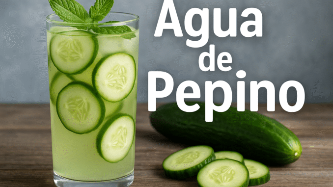 agua de pepino Vaso con agua de pepino, rodajas frescas y hojas de menta sobre mesa de madera, con texto “Agua de Pepino”, ideal para contenido de hidratación y salud