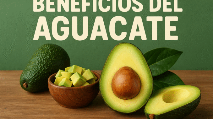 Mitades y cubos de aguacate sobre mesa de madera con fondo verde y texto “Beneficios del aguacate”, ideal para post de nutrición, salud y alimentación sana