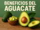 Mitades y cubos de aguacate sobre mesa de madera con fondo verde y texto “Beneficios del aguacate”, ideal para post de nutrición, salud y alimentación sana