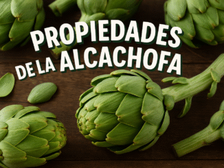 Alcachofas frescas sobre fondo de madera oscura con el texto “Propiedades de la alcachofa”, ideal para temas de salud, nutrición y alimentos naturales