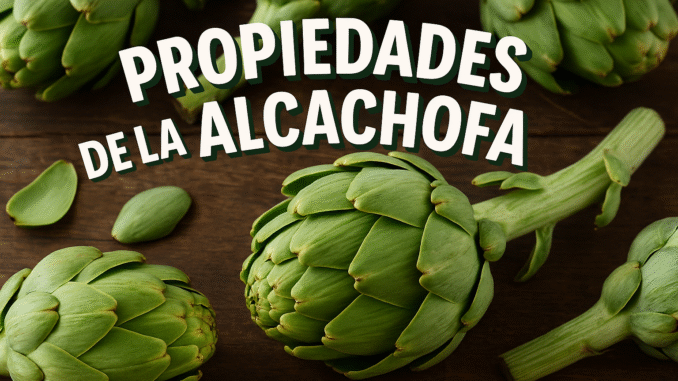 Alcachofas frescas sobre fondo de madera oscura con el texto “Propiedades de la alcachofa”, ideal para temas de salud, nutrición y alimentos naturales