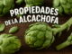 Alcachofas frescas sobre fondo de madera oscura con el texto “Propiedades de la alcachofa”, ideal para temas de salud, nutrición y alimentos naturales