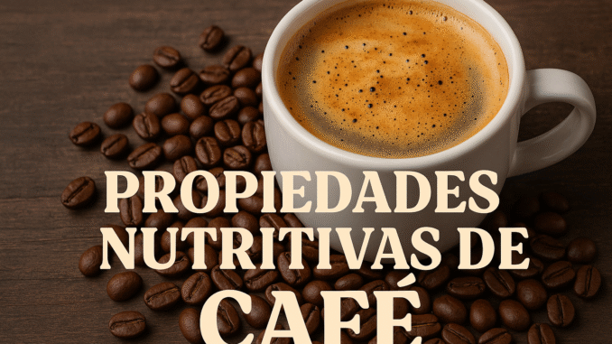 ChatGPT said: Taza de café con espuma rodeada de granos sobre fondo de madera oscura, acompañada del texto “Propiedades nutritivas de café”, ideal para post de bienestar