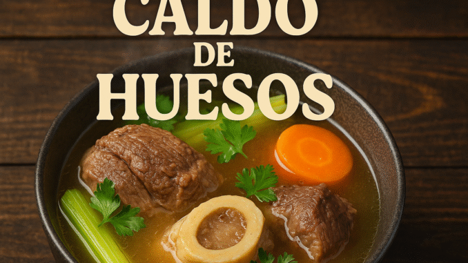 Caldo de huesos con carne, zanahoria y apio en tazón oscuro sobre mesa rústica. Ideal para recetas tradicionales y contenido de bienestar.