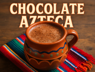 Chocolate caliente estilo azteca en jarro de barro sobre mantel colorido tradicional mexicano