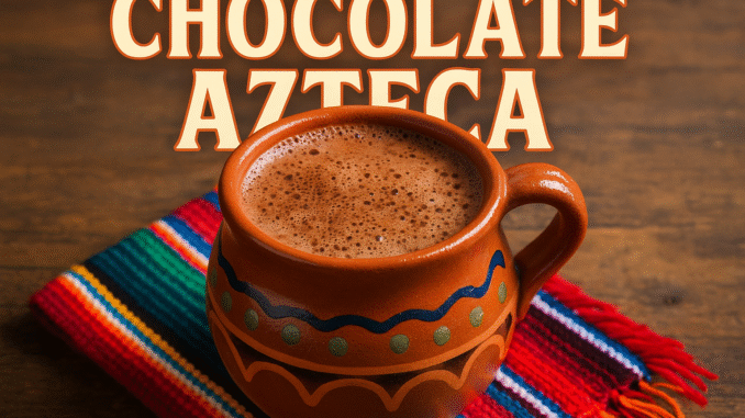 Chocolate caliente estilo azteca en jarro de barro sobre mantel colorido tradicional mexicano