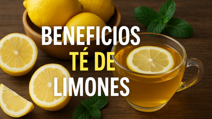 Taza de té con rodaja de limón, limones frescos y hojas de menta sobre mesa de madera, con texto “Beneficios té de limones”, ideal para post de salud