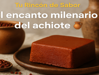 Bloque de achiote con semillas y utensilios de barro, condimento tradicional de la cocina mexicana yucateca usado en recetas milenarias