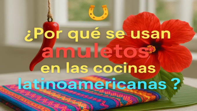 Chile rojo colgante y flor de hibisco sobre mantel artesanal, símbolos y amuletos usados en cocinas latinoamericanas para protección y buena suerte