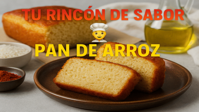 Pan de arroz Pan de arroz casero recién horneado, cortado en rebanadas sobre plato marrón, acompañado de arroz, especias y aceite de oliva en fondo rústico.