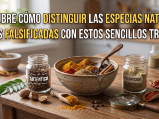 Frascos y cuencos con especias etiquetados como auténticos y falsificados junto a una lupa en una mesa de cocina.