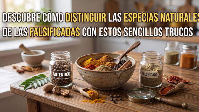 Frascos y cuencos con especias etiquetados como auténticos y falsificados junto a una lupa en una mesa de cocina.