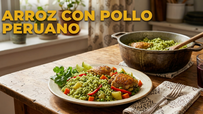 Plato de arroz con pollo peruano con arroz verde, verduras, pollo y limón, servido en mesa de cocina iluminada.