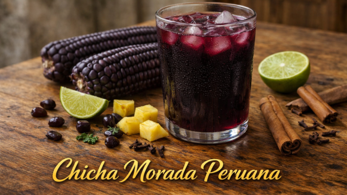 Vaso de chicha morada peruana con hielo, maíz morado, canela, piña y limón sobre mesa rústica con texto dorado.