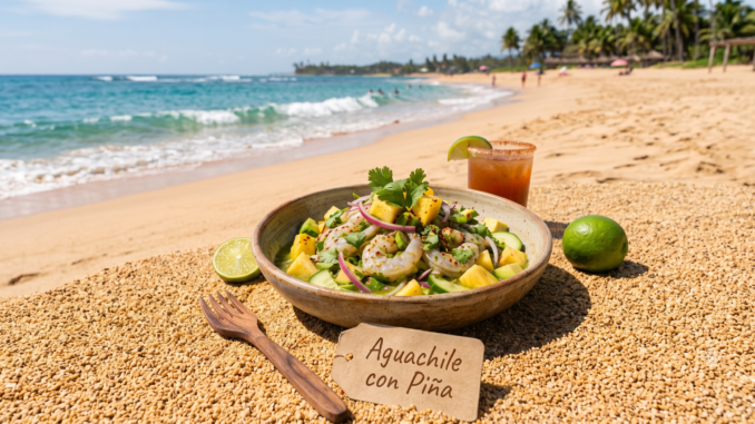 Ceviche de camarón y piña fresco en cuenco rústico sobre arena de playa. Tenedor de madera y cóctel de fondo.