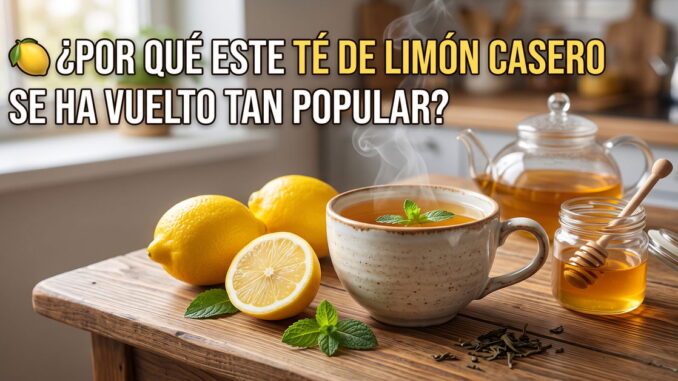 Té de limón casero con limones frescos, miel y menta en una cocina rústica, con texto de título.