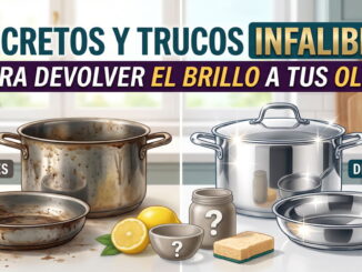 Comparación de ollas sucias (antes) y brillantes (después) con limones, un estropajo y productos de limpieza misteriosos marcados con "?"