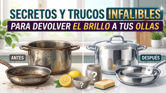 Comparación de ollas sucias (antes) y brillantes (después) con limones, un estropajo y productos de limpieza misteriosos marcados con "?"