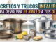 Comparación de ollas sucias (antes) y brillantes (después) con limones, un estropajo y productos de limpieza misteriosos marcados con "?"